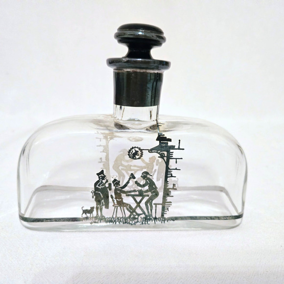 Vintage STERLING SILVER Overlay Glass Decanter Bottle Playful Scene Front/Back - Picture 2 of 12